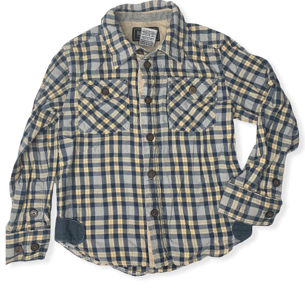 Buffalo blue yellow plaid button up flannel Fleur de lis print "Royalty" size 4